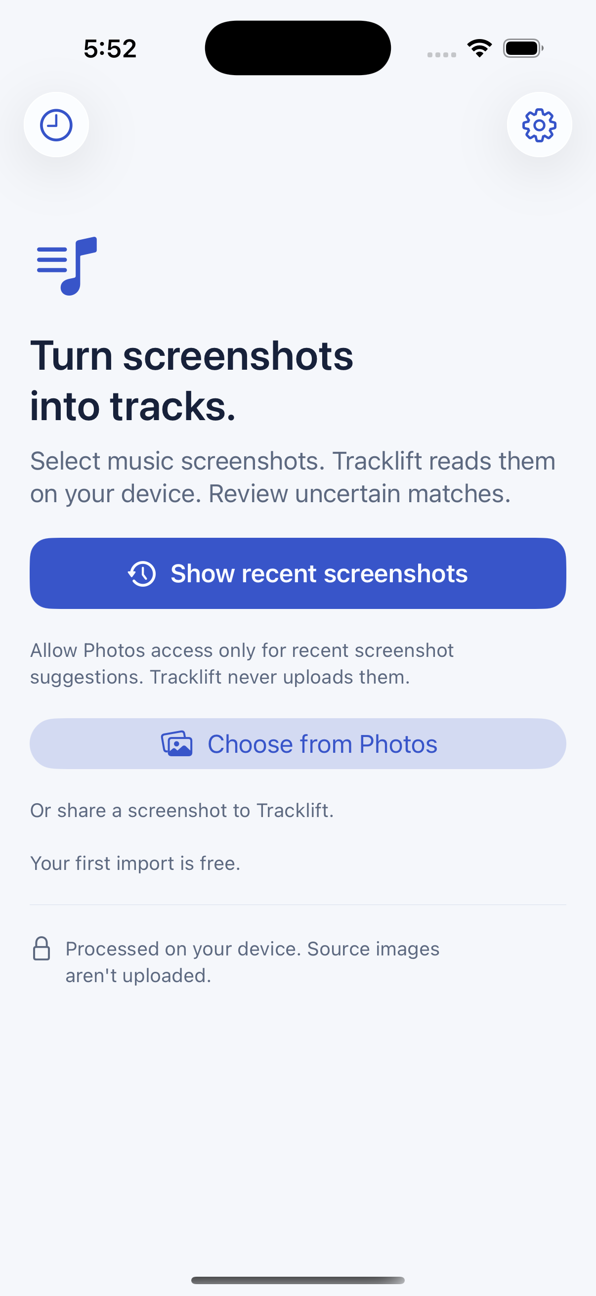 Tracklift’s first screen with controls to choose or share music screenshots.