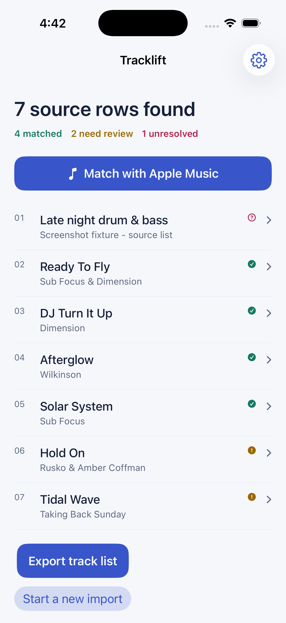 Tracklift results showing matched tracks, tracks to review, and an export action.